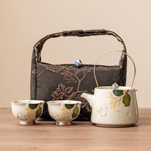 极素草木灰月兔旅行茶具套组可携式 备 户外露营提梁壶喝茶杯泡茶装