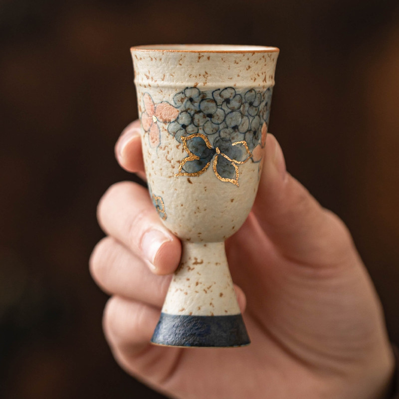 极素青花火石红闻香杯描金绣球花陶瓷茶杯主人杯不烫手杯子品茗杯
