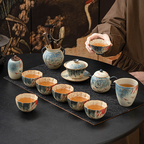 极素青花火石红功夫茶具套组家用陶瓷茶杯泡茶壶高档轻奢2025新款