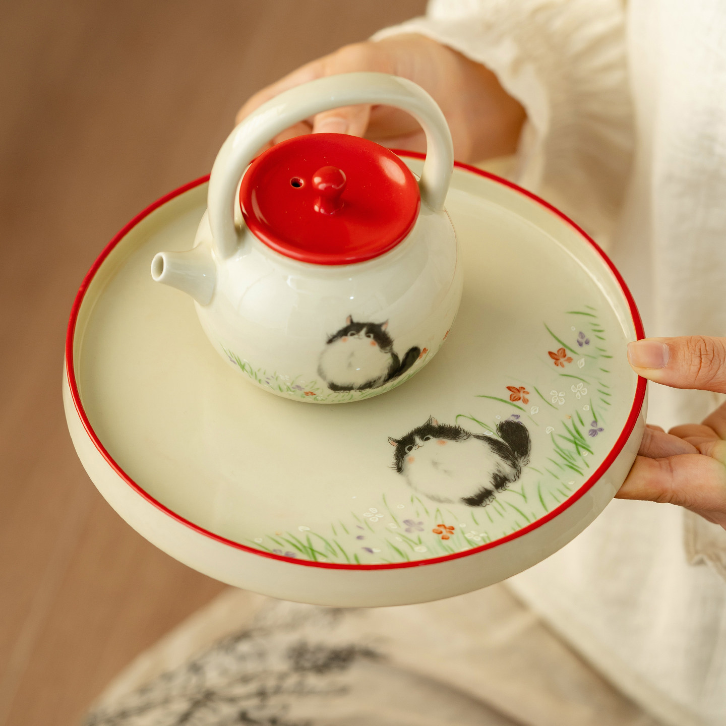极素宫廷红春野猫趣陶瓷壶承盘家用干泡台茶具配件高档茶杯垫托盘