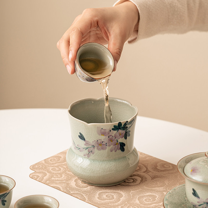 极素手绘冰片釉功夫洗水杯茶渣筒君子缸茶六茶具孟陶瓷配件建水洗