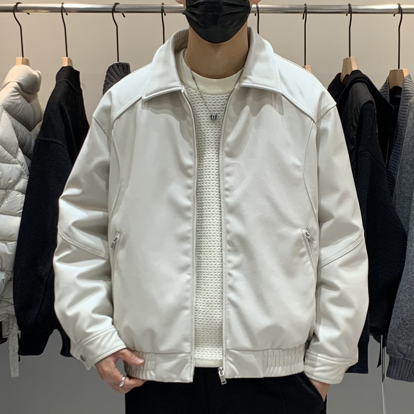 冬季韩版男士PU皮翻领羽绒服百搭潮流美式痞帅时尚拼接保暖羽绒衣