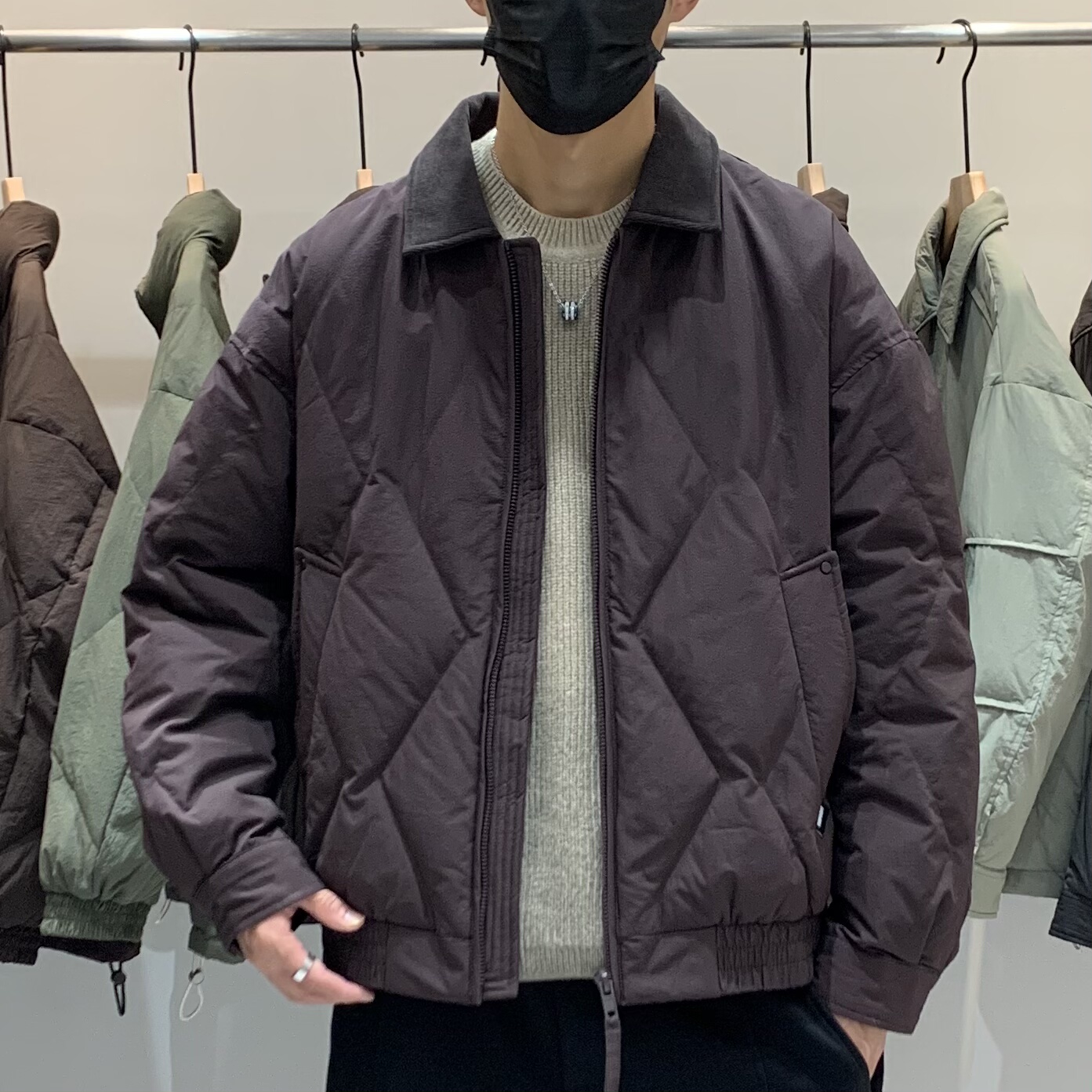 冬季韩版男翻领羽绒服百搭潮流日系时尚菱格纹休闲帅气保暖羽绒衣