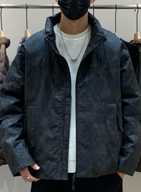 冬季韩版男立领羽绒服百搭潮流时尚复古迷彩高级感保暖90绒羽绒衣