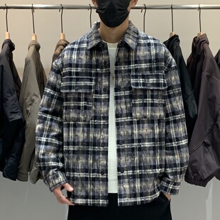 冬季韩版男士翻领羽绒服百搭潮流美式工装复古格子撞色保暖羽绒衣