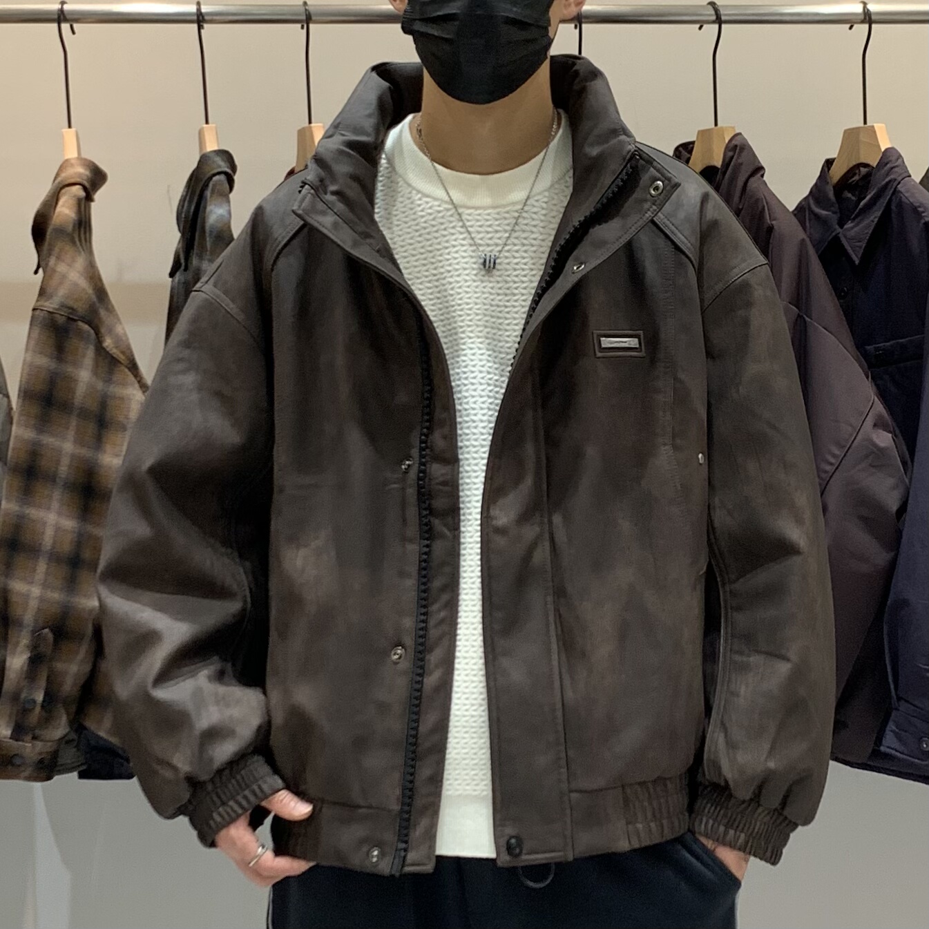 冬季韩版男立领PU皮羽绒服百搭潮流美式时尚扎染多口袋保暖羽绒衣