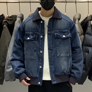 冬季韩版男士翻领牛仔羽绒服百搭潮流美式时尚痞帅休闲保暖羽绒衣