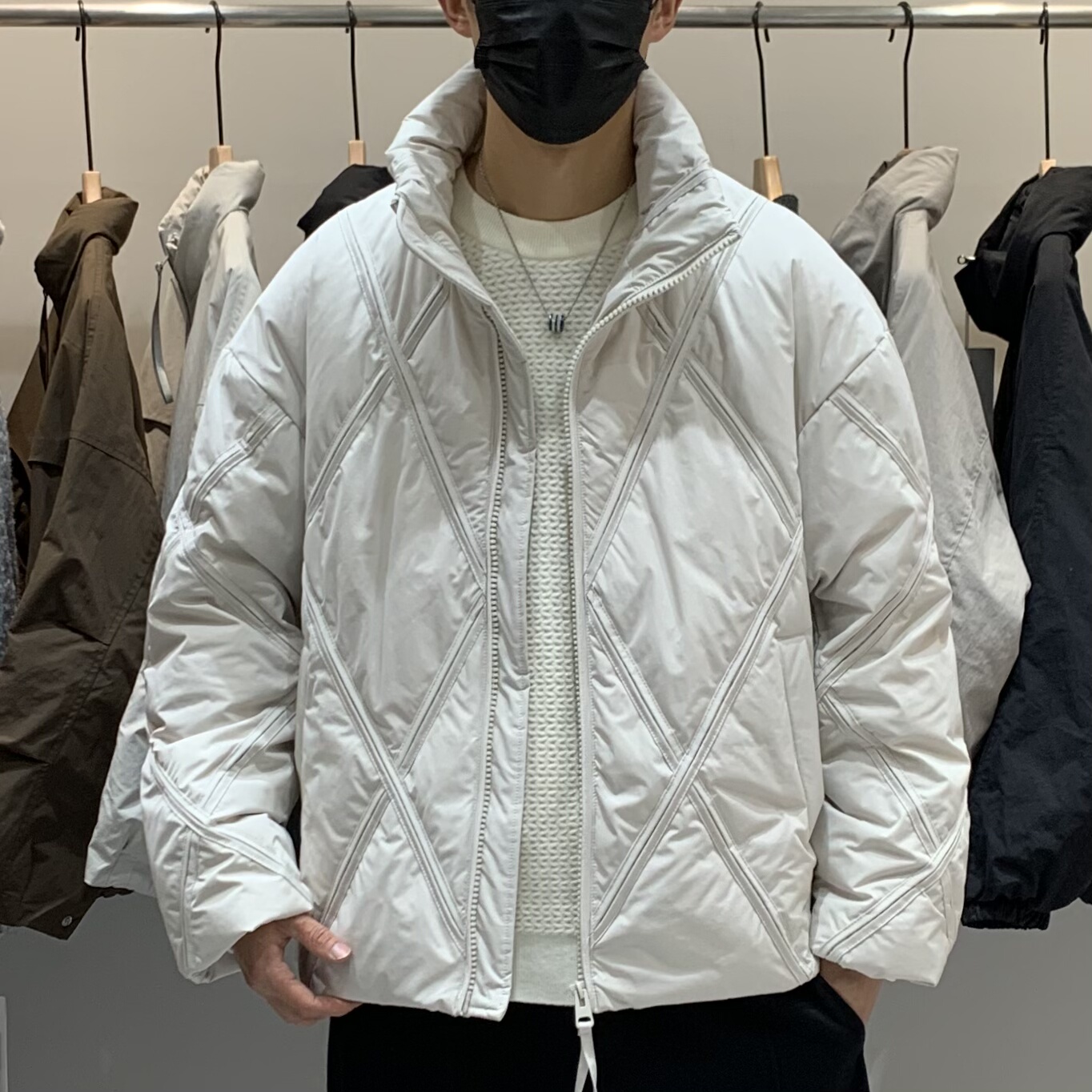 冬季韩版男立领羽绒服百搭潮流日系菱形拼接时尚设计感保暖羽绒衣