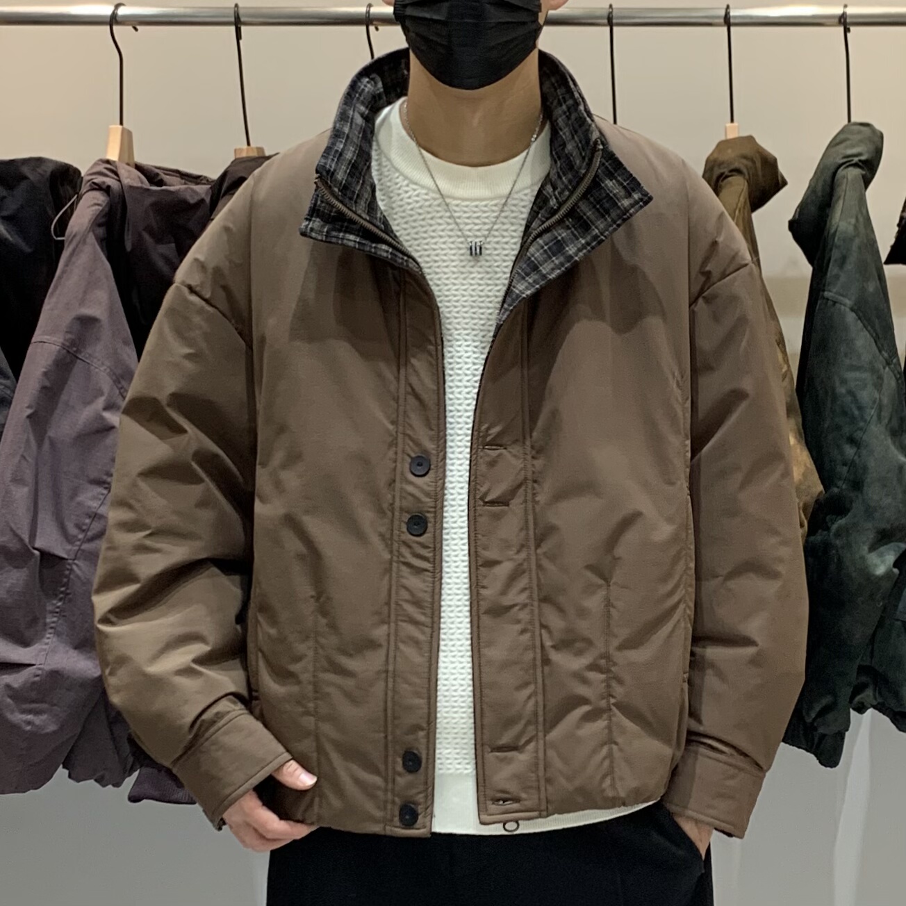 冬季韩版男士立领羽绒服百搭潮流日系时尚格子拼接休闲保暖羽绒衣