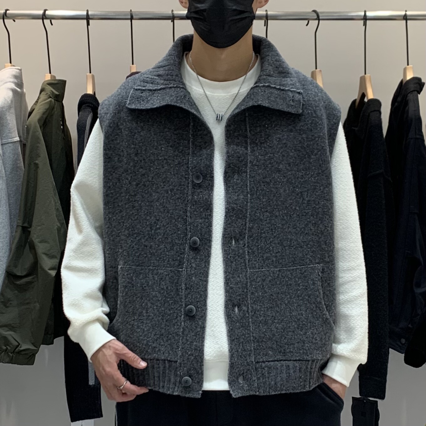 QFO-秋季韩版男士羊毛针织马甲百搭潮流美式时尚休闲宽松背心外套