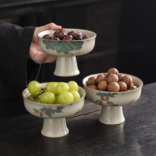 中国植物灰色手绘覆古高大糕点托盘茶托盘陶瓷水果托盘干果小吃托