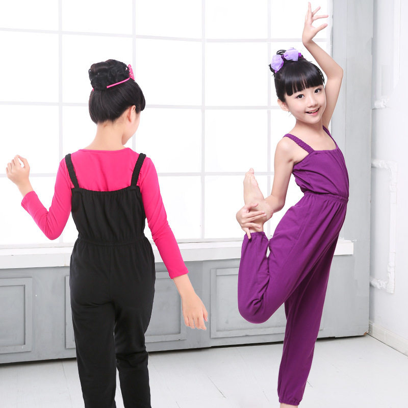 儿童舞蹈裤女童纯棉背带裤夏季吊带练功服体操裤表演服连体裤紫色