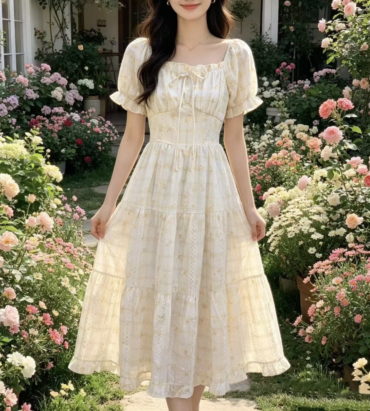 i+now2026年夏季新品专柜同款方领泡泡袖刺绣碎花连衣裙女显瘦