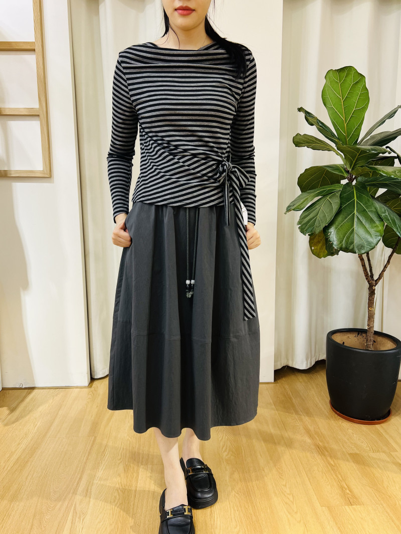 I+now长袖条纹T恤半身裙两件套女2025早秋装新款流行穿搭两件套