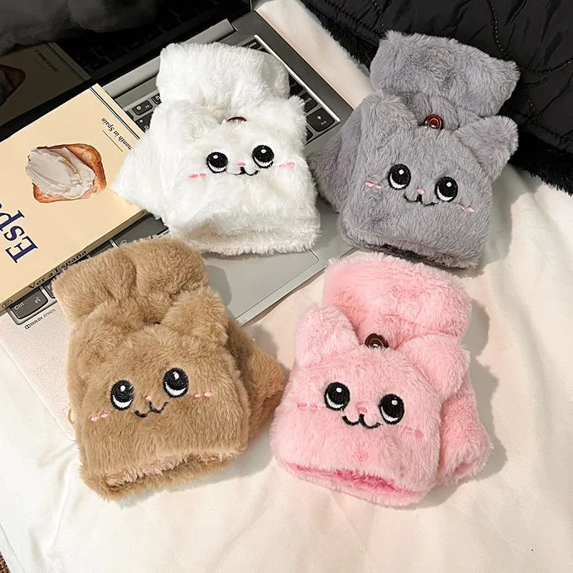 韩版手套冬季女生可爱露指毛线