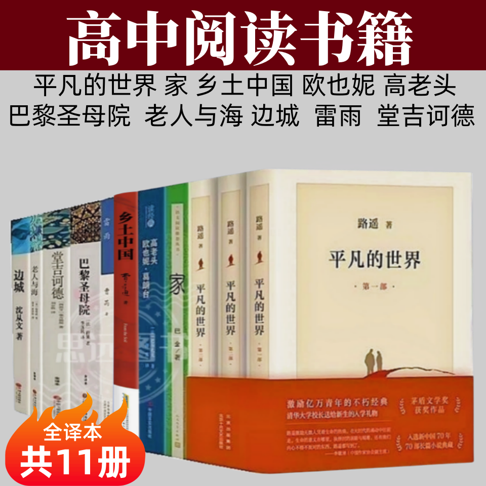 正版 高中课外阅读书籍 全11册 平凡的世界 巴黎圣母院  老人与海 堂吉诃德 家  雷雨 欧也妮葛朗台 边城乡土中国 高一必读书目