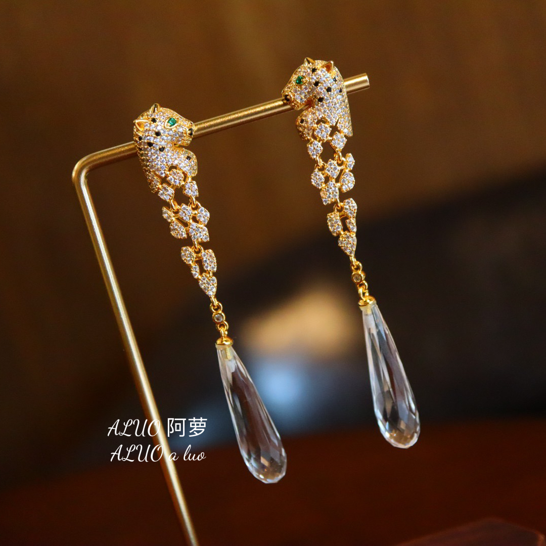 天然白水晶耳环切面长水滴耳坠s925银镀金镶嵌原创设计饰品女轻奢