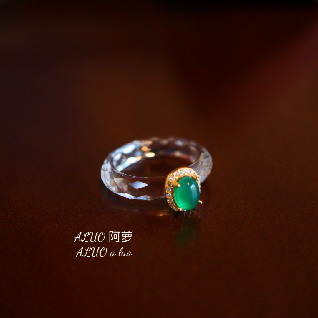 天然白水晶绿玛瑙戒指戒圈银镀金镶嵌轻奢小众饰品女切面戒圈原创