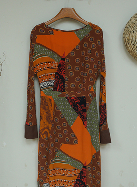 【现货】法式复古真丝印花长袖连衣裙女2025春夏季新款长裙A00752