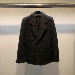 【现货】2025秋冬走秀款粗花呢小香夹棉呢子黑色毛呢小西装领外套