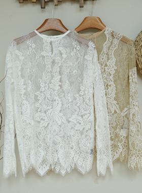【现货】法式蕾丝衫春季打底衫上衣女长袖镂空t恤性感罩衫A01125