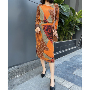 【现货秒发】古埃及印花夏季新款小众裙子女橘红底长袖真丝连衣裙