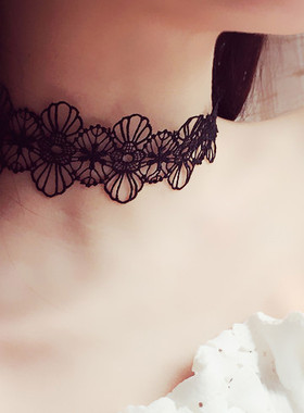 李溪芮花朵黑色短款性感蕾丝项圈