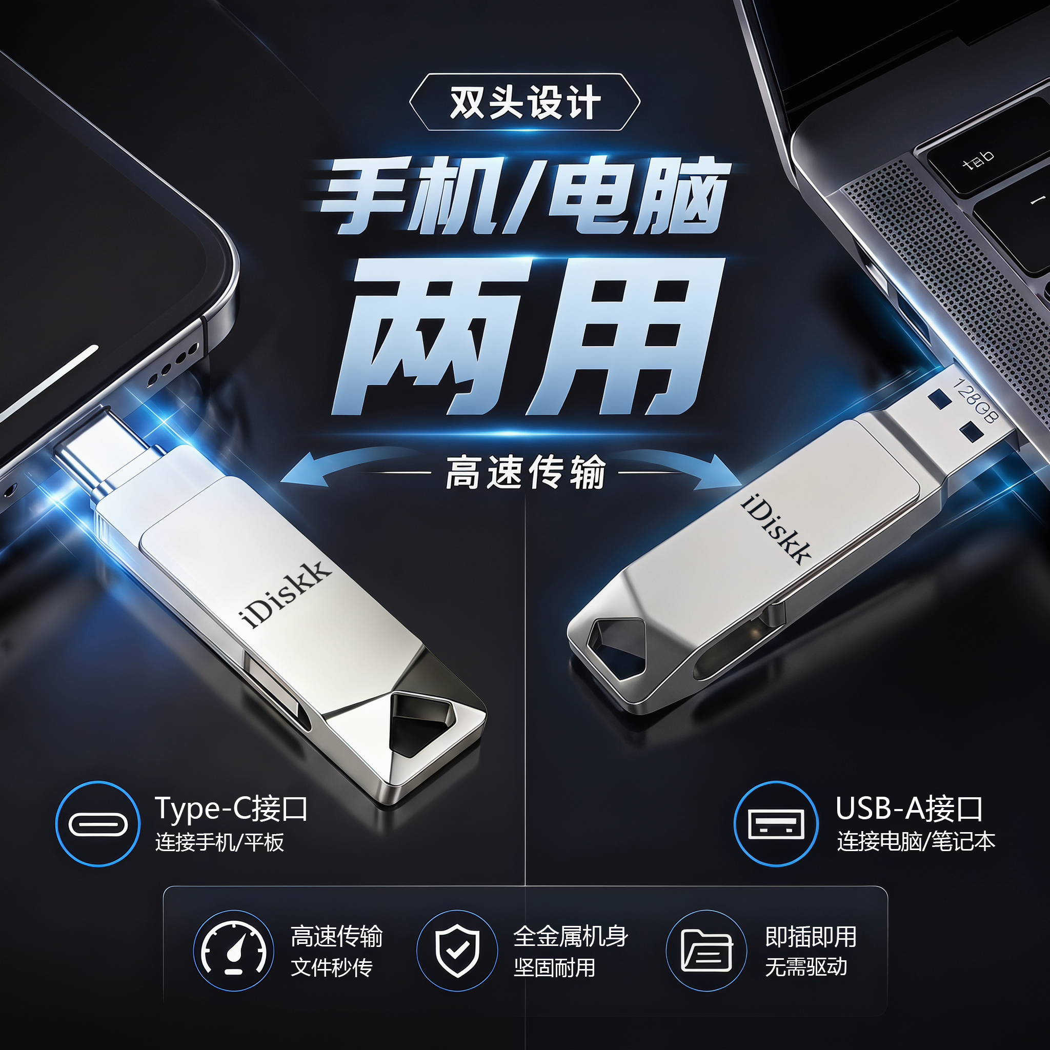 手机电脑两用高速双接口U盘