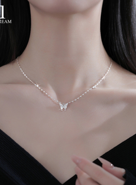 S999纯银满钻蝴蝶项链女