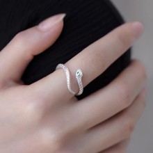 S999纯银小灵蛇戒指男女蛇年本命年蛇形指环个性精致时尚开口尾戒
