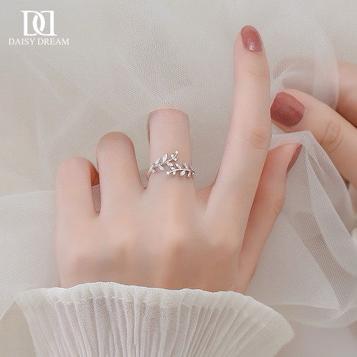 925纯银镶钻树叶戒指森系小清新