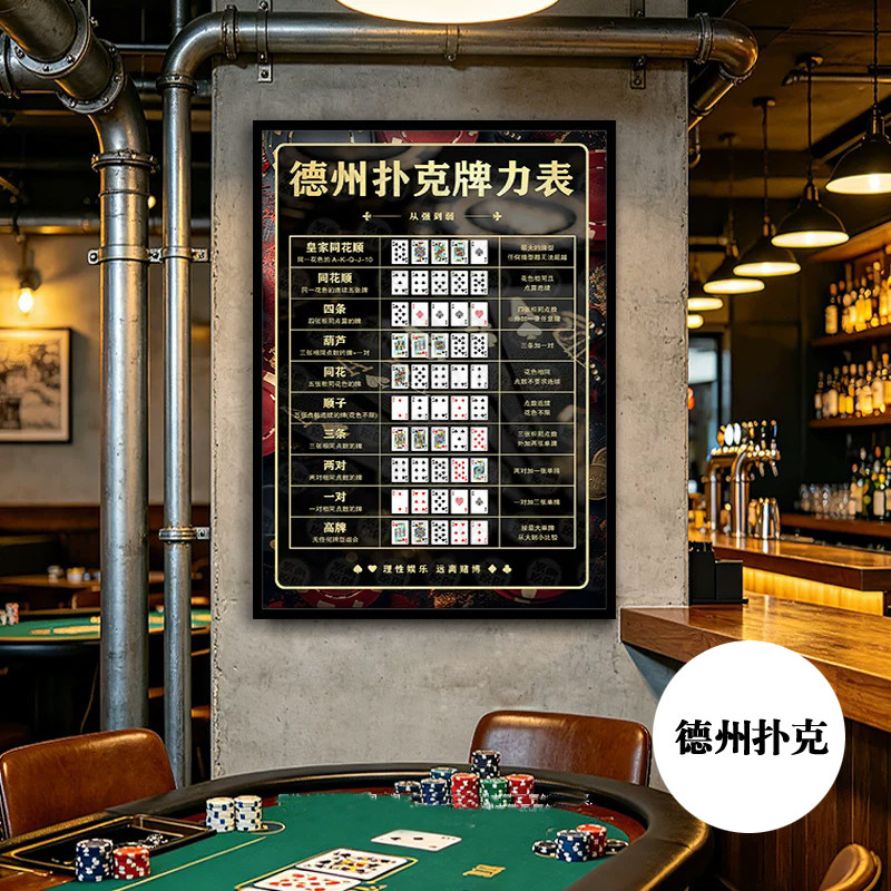 德州酒馆挂画棋牌室墙面装饰扑克牌背景墙壁画酒吧牌力表装饰画图片