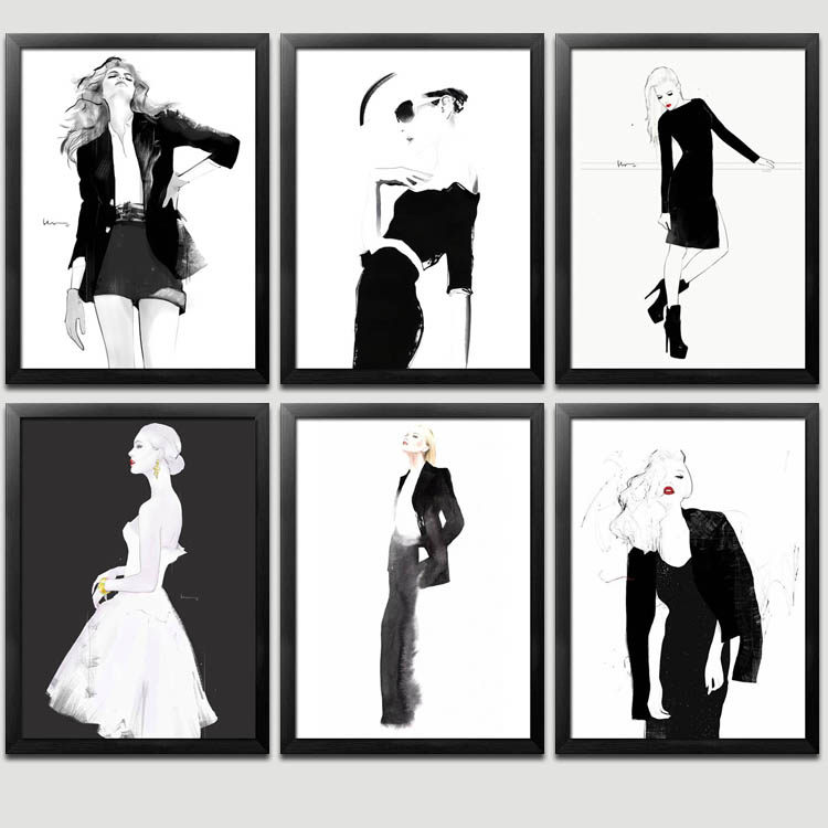 时尚创意手绘黑白美女服装店装饰画橱窗收银台背景墙画女装店挂画