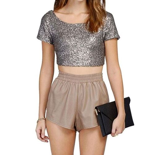 速卖通爆款Sequin Crop Top Women Summer T-shirt Short Sleeve