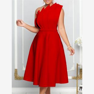 women dresses party dinner skirt斜领皱褶高腰宴会礼服裙晚会裙