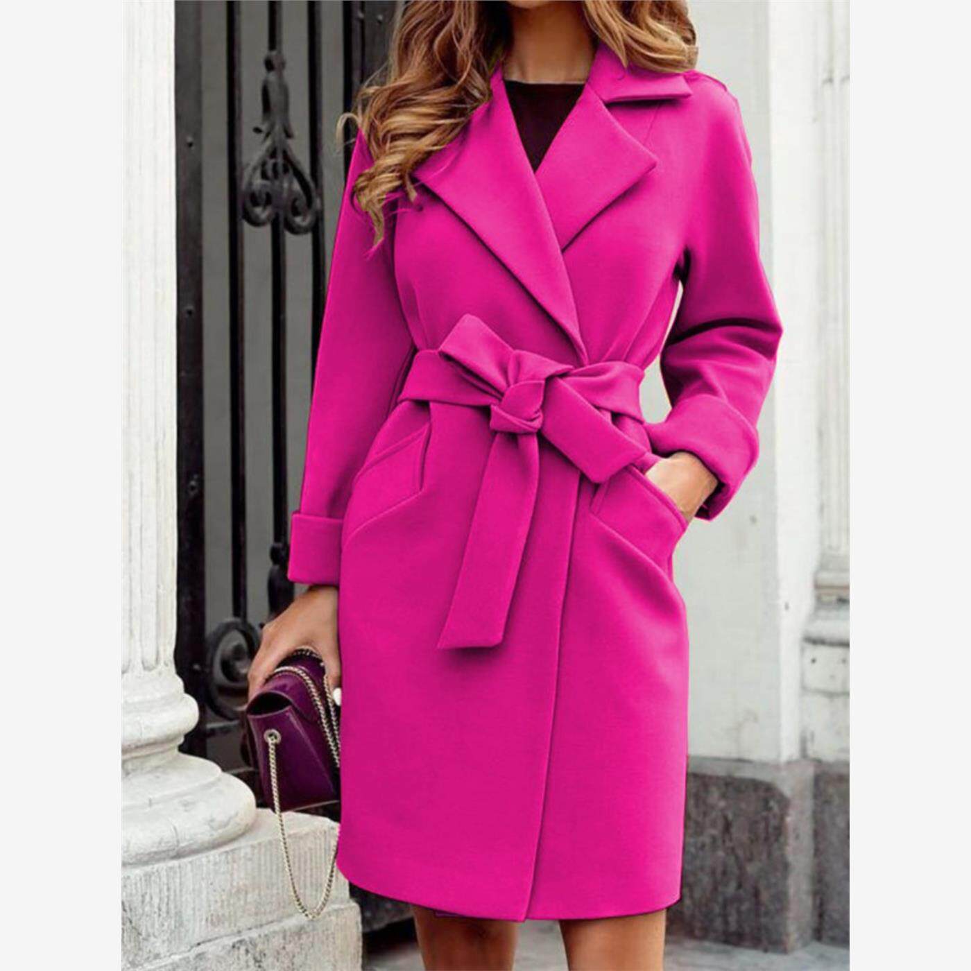Winter woolen coat欧美秋冬女气质收腰系带长袖毛呢大衣呢子外套