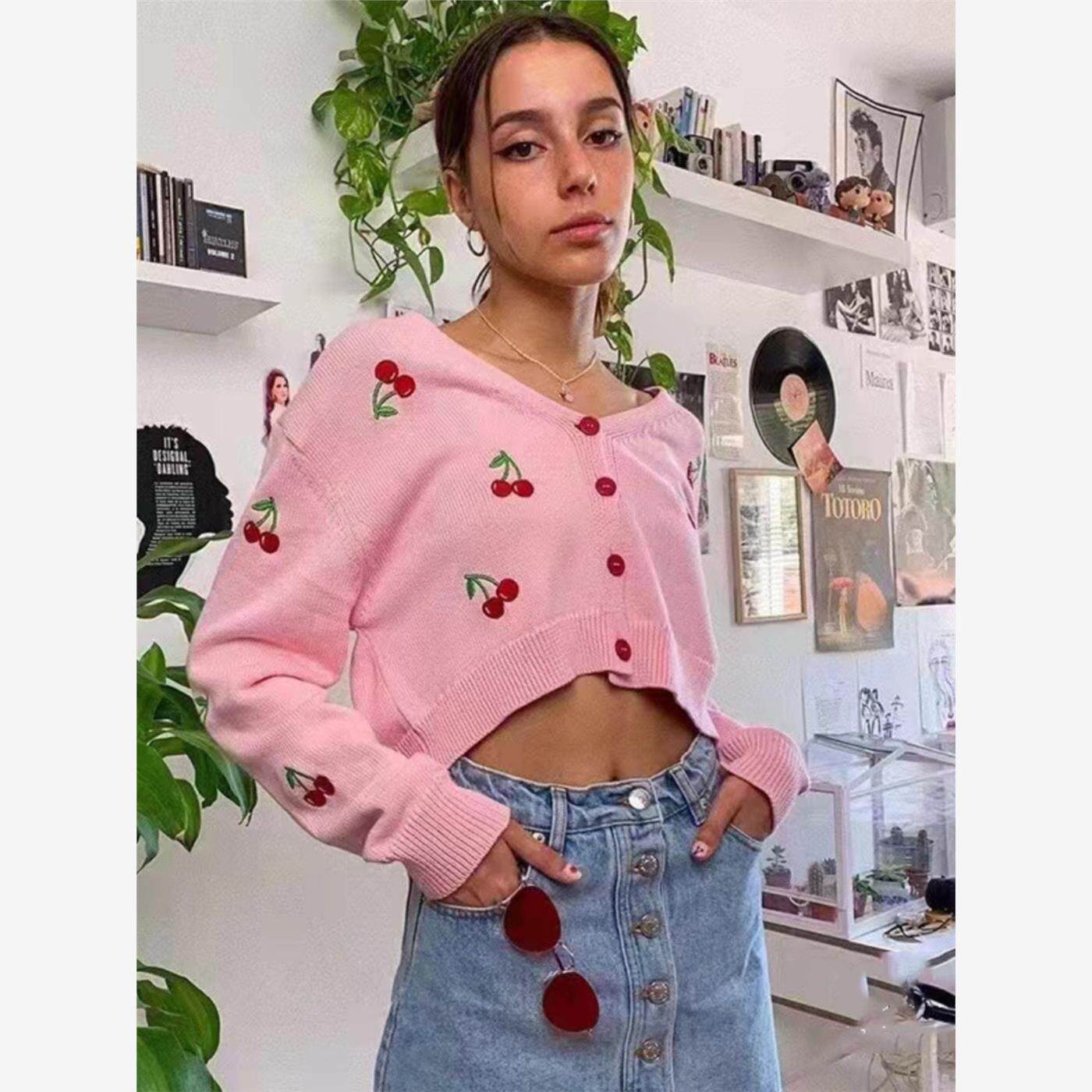欧美ins春秋薄款毛衣上衣v领短款甜美少女樱桃长袖针织开衫小外套
