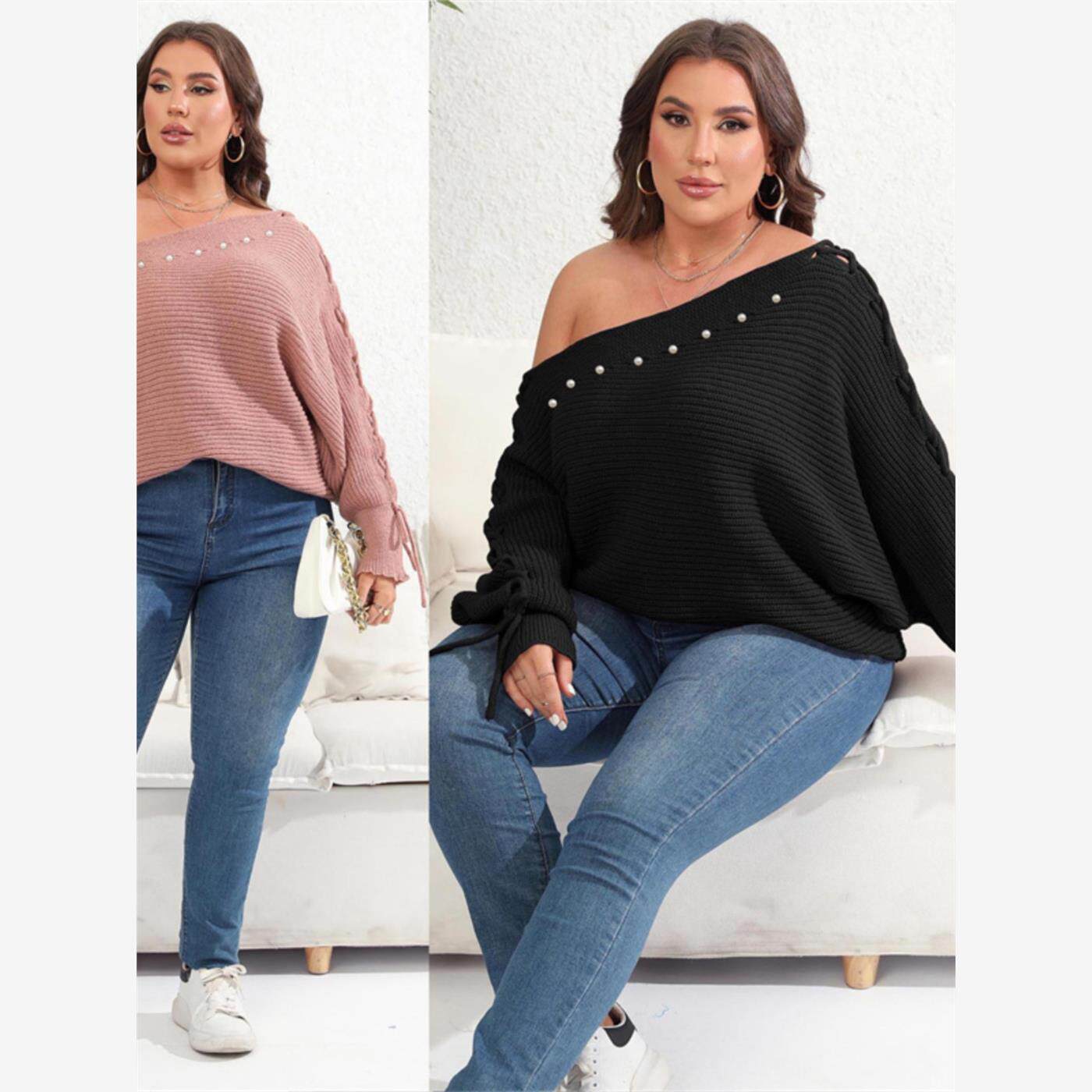 XL-3XL women sweater ladies tops蝙蝠袖毛衫露肩一字领钉珠毛衣