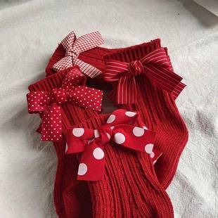 Cotton Christmas Knee Bow Big Red Kids Socks High Girls Baby