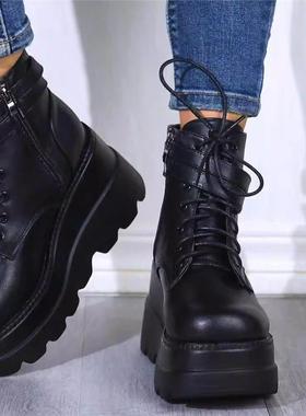 women platform boots wedge shoes女防水台圆头厚底短筒靴女鞋新