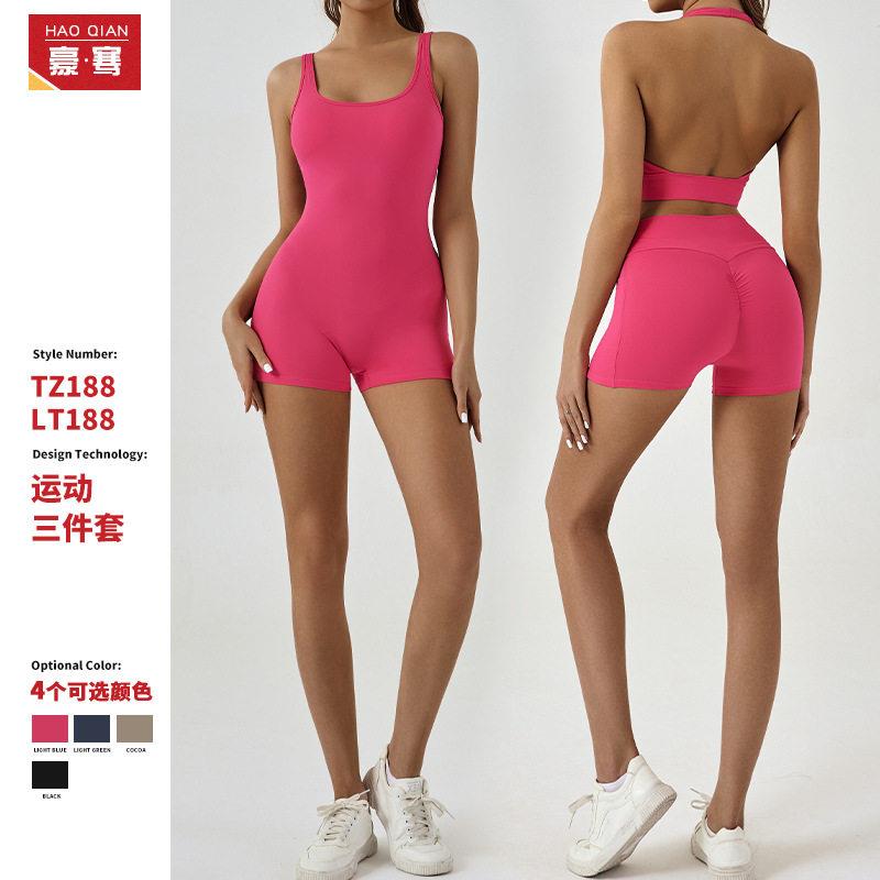 欧美无袖连体瑜伽服带胸垫收腹褶皱运动女士美背健身服