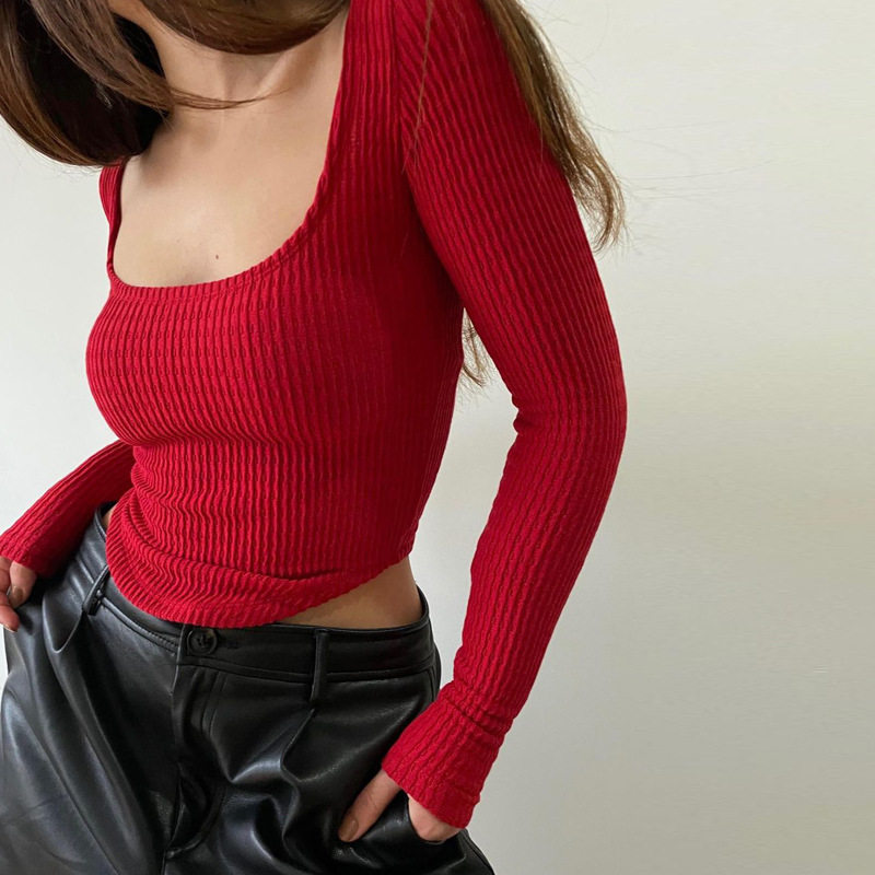 long sleeve slim shirt欧美秋季性感法式U领修身罗纹长袖上衣T恤