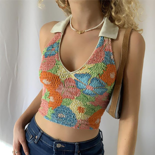 sleeveless halter vest top性感翻领挂脖印花修身无袖短款小背心