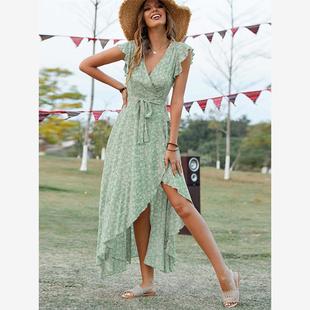 波西米亚度假风不规则短袖碎花棉绸连衣裙绑带收腰一片式裹身长裙