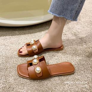 women slippers女拖鞋 pearl square slippers heel Large low