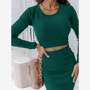欧美风春秋女装螺纹修身长袖T恤+包臀中长款高腰半身裙两件套套装