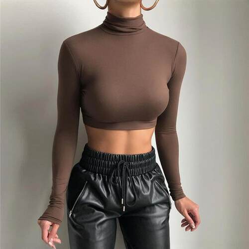 欧美性感修身长袖高领打底T恤短上衣女 Sexy Crop Top Tee Tshirt