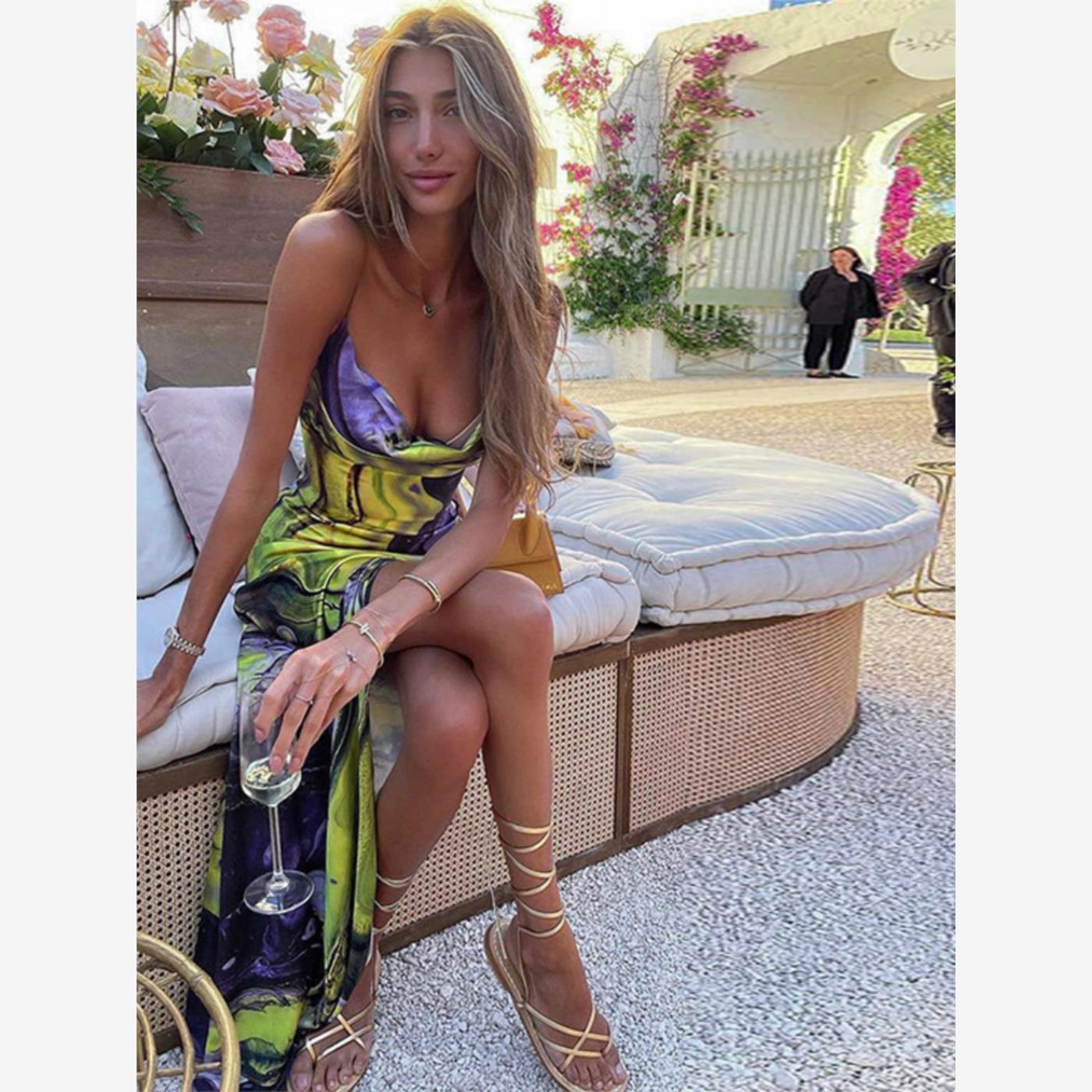 欧美走秀性感宴会出片夏季吊带裙子高个子露背开叉印花长裙连衣裙