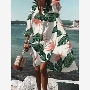 欧美波西米亚宽松大码沙滩裙度假防晒衣罩衫连衣裙衬衫裙子遮肉