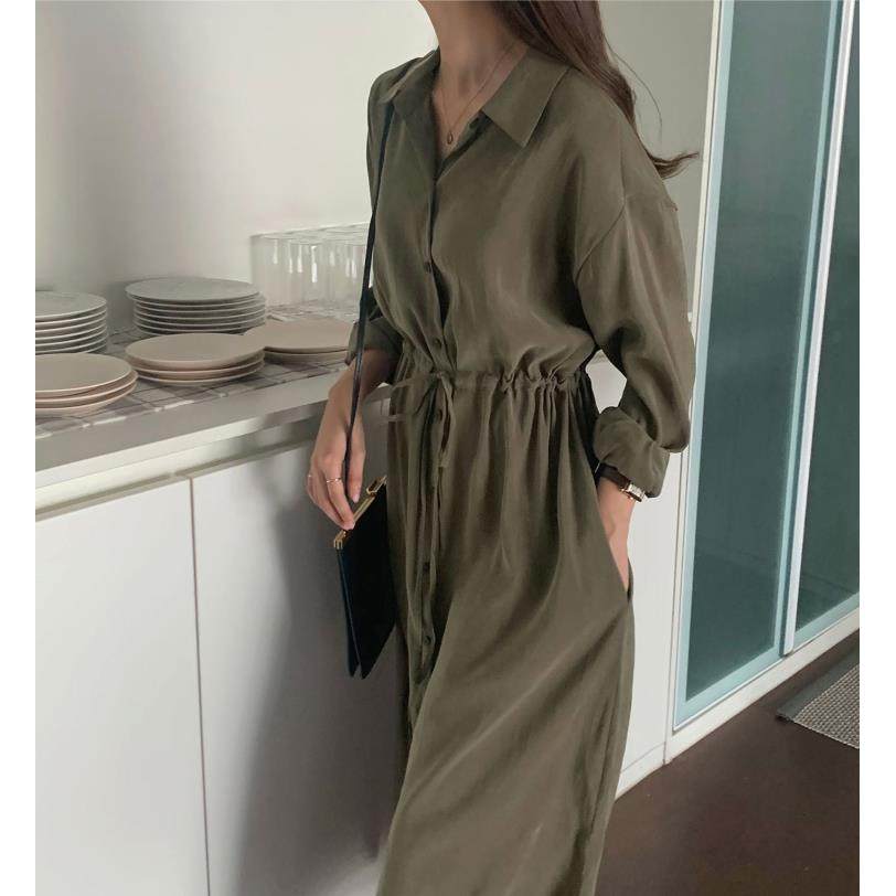 欧美风春秋新款收腰气质显瘦复古衬衫式连衣裙女学院中长款DRESS